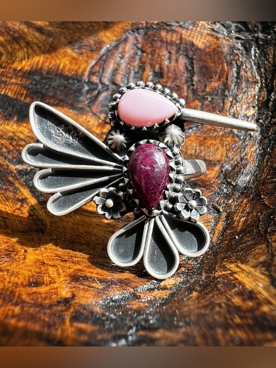 Hand Crafted Jewelry - Sterling Silver Queen Conch Purple Spiny Oyster Hummingbird Ring Adjustable